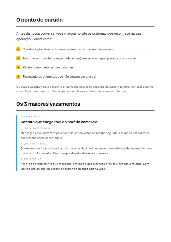 Página do relatório do diagnóstico, mostrando os sintomas marcados pelo cliente e o primeiro ponto de vazamento identificado.
